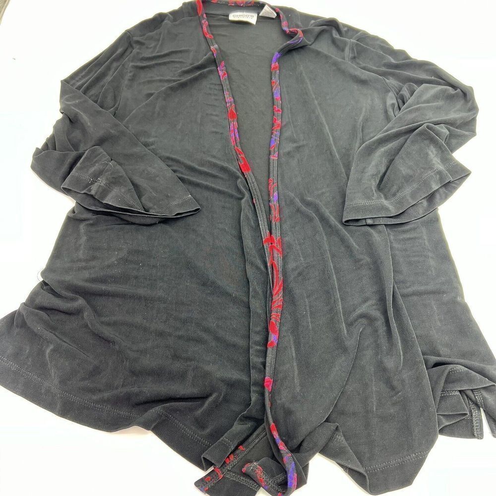 Chicos Travelers Black Printed Trim Slinky Knit Open Cardigan Size 3 (XL)